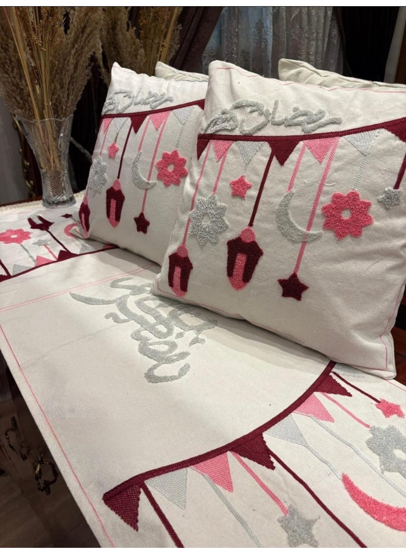 i diD Pink Ramadan Decor Set - Premium Cotton Duck with Festive Embroidery - Includes Runner (140×42 cm) & 2 Cushion Covers (42×42 cm) - Image 1